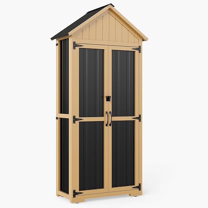 Outdoor Storage Cabinet with Shelf, Wood & Metal Storage Shed with Lockable Doors & Sloping Roof, Outdoor Cabinets for Patio Backyard, Garden Shed Tool Shed and Accessories, Brown