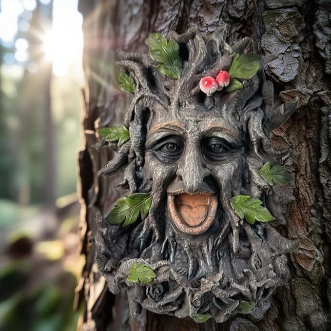 Tree Face Sculpture, Funny Old Man Tree Hugger Statue, Creative Props & Unique Animal Feeder for Indoor & Outdoor Garden, 11.5" x 7.5" x 3.5"