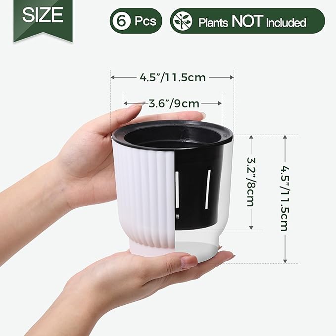 T4U 4.5 Inch Self Watering Pots for Indoor Plants, 6 Pack White Plastic Flower Pots for All House Plants, Flowers, African Violets