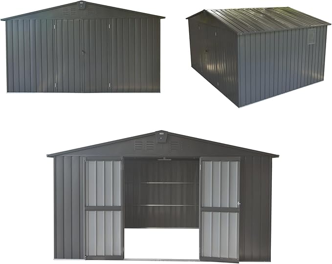 11x12.5ft Outdoor Storage Shed with Windows, Galvanized Steel Garden Shed, Lockable Double Doors and 16 Vents, Large Utility Tool Storage for Backyard Patio