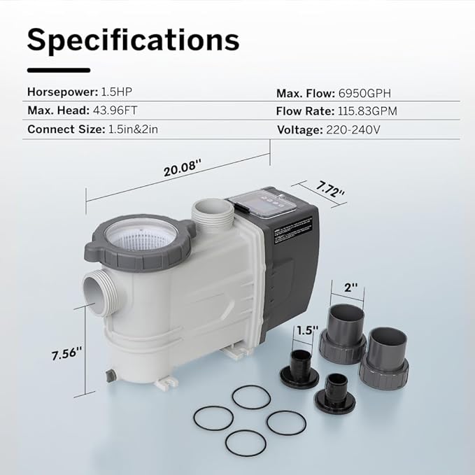 BlueBay 1.5 HP Energy Star Certified Water-Cooled Variable Speed Pool Pump with LED Display, 230V/60Hz, Energy Efficient for Inground & Above Ground Pools