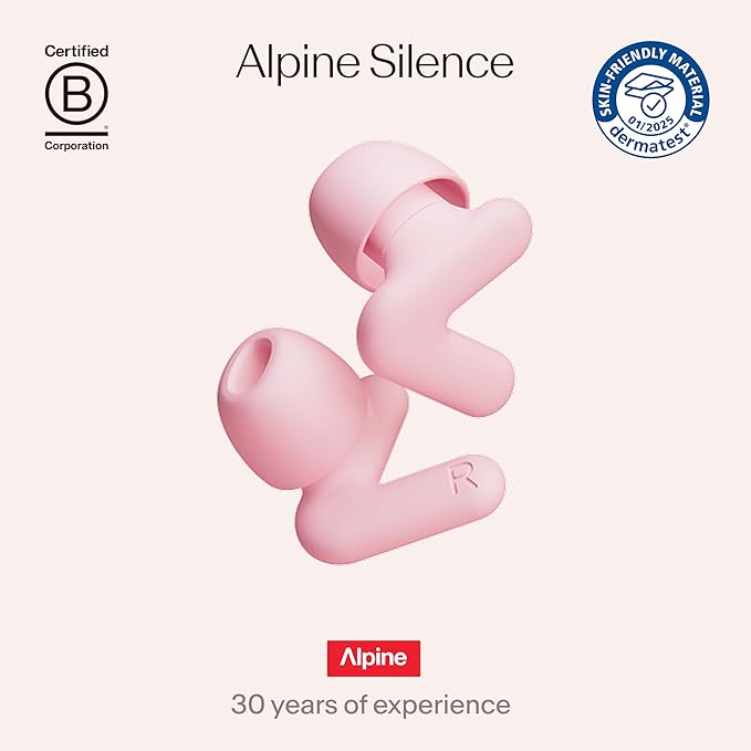 Alpine Silence Earplugs for Sleep, Focus & Travel - V-Shape Snug Fit & Soft Oval Tips – 4 Sizes XS/S/M/L - Comfortable, Reusable Hearing Protection - 22dB – Pink
