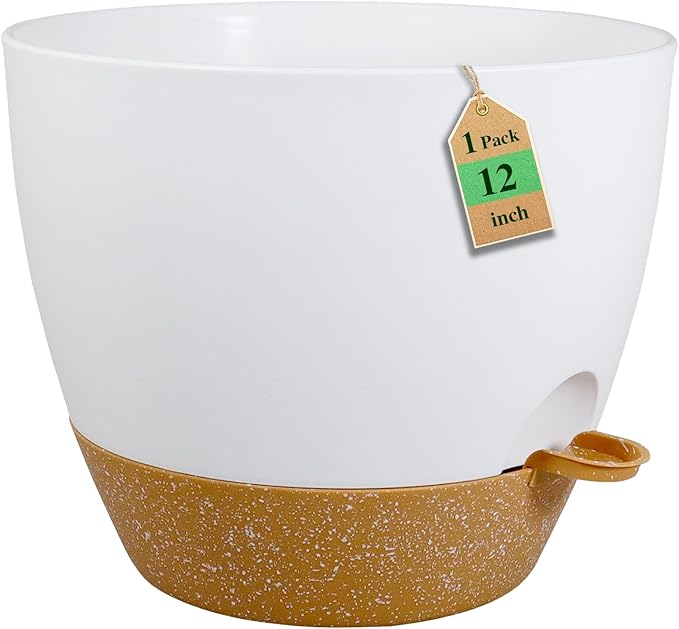 12 inch Large Self Watering Pots, Flower Plant Pots with Drainage Holes for Indoor Outdoor Garden Plants, Plastic Planters with Removable Deep Reservoir, White with Brown