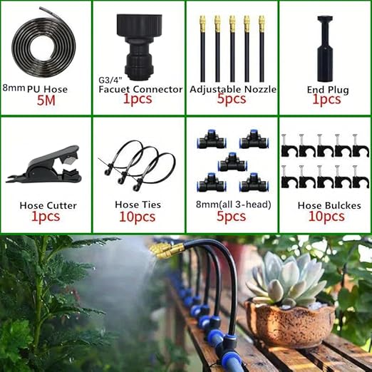 360° Automatic Drip Irrigation Kit - 5/16'' Tubing, Adjustable Spray Nozzle, Copper Atomizing System for Garden/Lawn/Greenhouse, Multi-Directional Rotation, Quick Connectors, 16.4FT