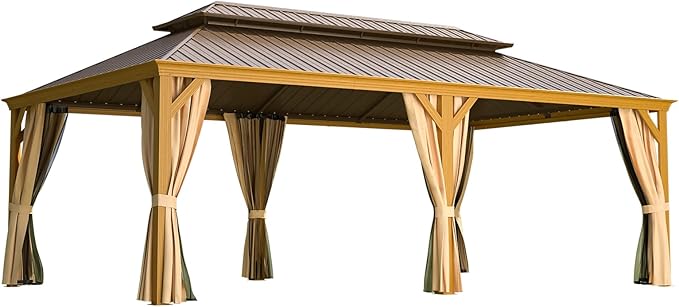 YOLENY 14' x 22' Hardtop Gazebo Wood-Looking Aluminum Frame Pergola with Galvanized Steel Double Roof, Outdoor Permanent Metal Pavilion with Netting and Curtains for Lawns,Deck and Backyard