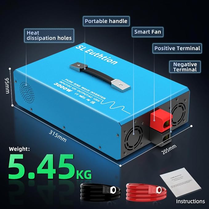 3000W Pure Sine Wave Power Inverter Voice Control AI Voice Assistant Support English 12V to 120V 60HZ with LCD Display, USB Port, for Car Home Laptop Truck