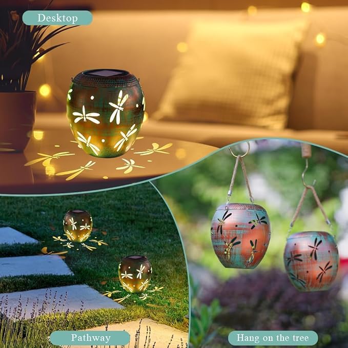 2 Pack Dragonfly Solar Lanterns Outdoor Waterproof, Hollow Out Metal Lantern Lights, Hanging Solar Lights for Yard, Patio, Porch, Garden Decor, Outdoor Decoration LED Lantern for Yard, Garden