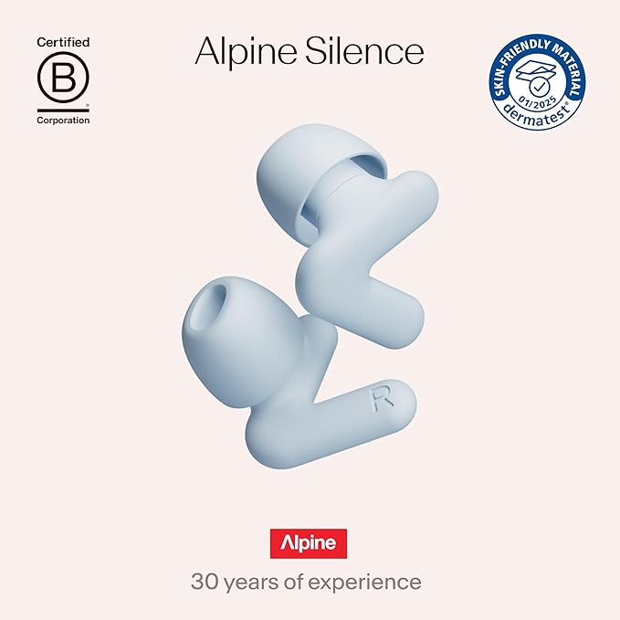 Alpine Silence Earplugs for Sleep, Focus & Travel - V-Shape Snug Fit & Soft Oval Tips – 4 Sizes XS/S/M/L - Comfortable, Reusable Hearing Protection - 22dB – Blue