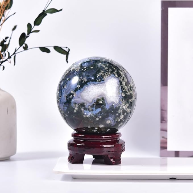Large Moss Agate Crystal Sphere Natural Healing Crystal Ball with Stand Meditation Decorative Balls Home Decor 90-100mm/3.5-3.9"