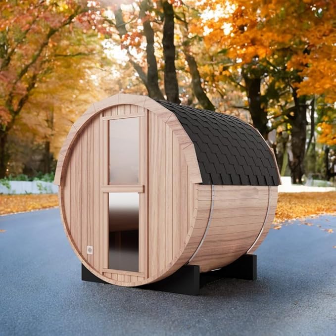 Outdoor Barrel Steam Sauna, 3 Person Wood Sauna Room with 4.5kw Harvia Electric Heater with Sauna Stone, Canadian Helmock Wooden Sauna, Sauna Accessories and Asphalt Shingle Roof (Helmock)