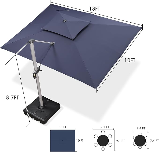 PURPLE LEAF 10 X 13 FT Cantilever Patio Umbrellas with Base Included, Large Square Offset Umbrella with 360° Rotation, Outdoor Aluminum Pool Umbrella for Pool Lawn Garden, Navy Blue