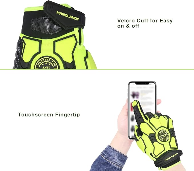 HANDLANDY Anti Vibration Gloves, SBR Padding, TPR Protector, Mechanic Work Gloves (Large, Black)