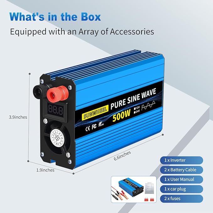SUNWHEEL 500W Pure Sine Wave Inverter, 12V DC to 110V/120V AC Car Power Inverter with 2 AC outlets and LCD Display