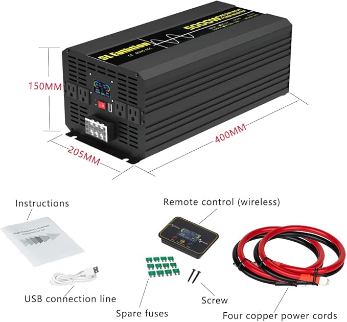 5000W/10000W(Peak) Pure Sine Wave Car Power Inverter 12V DC to 120V AC 60HZ with LCD Display, USB Port, Wireless Remote Control(10M) for Car Home Laptop Truck