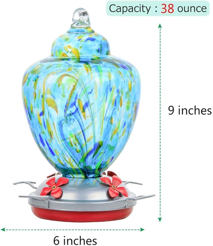 REZIPO Hummingbird Feeder with Perch - Hand Blown Glass - Light Green - 38 Fluid Ounces Hummingbird Nectar Capacity Include Hanging Wires and Moat Hook