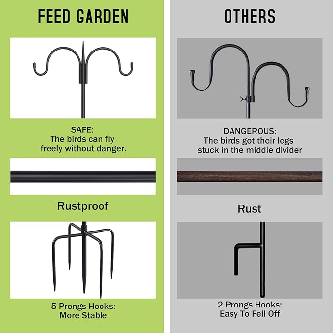 FEED GARDEN Adjustable Double Shepherds Hook for Outdoor with 5 Prong Base 92 Inch Heavy Duty Two Sided Bird Feeder Pole for Hanging Plant Baskets, Solar Light Lanterns, Wind Chimes 2 Pack
