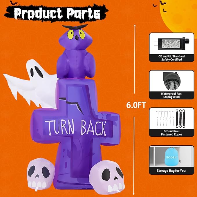 GOOSH 6FT Halloween Inflatables Outdoor Decoration - Halloween Blow Up Decorations Outside Inflatable Owl on Tombstone Ghost Skull with LED Lights for Decor Party Garden Lawn