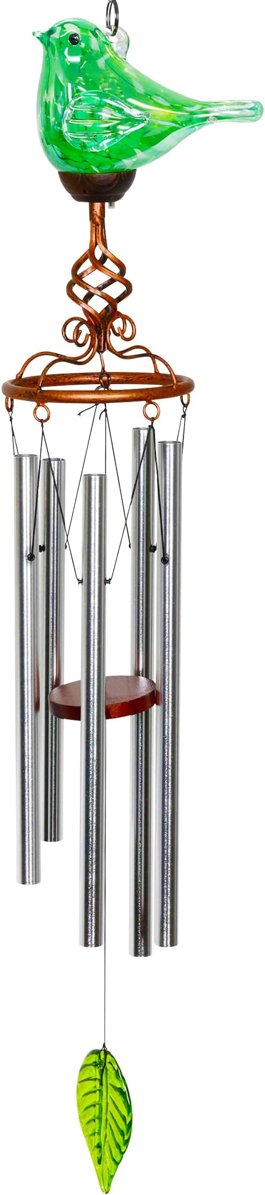 Wind Chimes, Solar Glass Bird Shape, LED, Outdoor Lawn and Patio Glass and Metal Decoration, 7 x 4 x 44 Inch (Green)