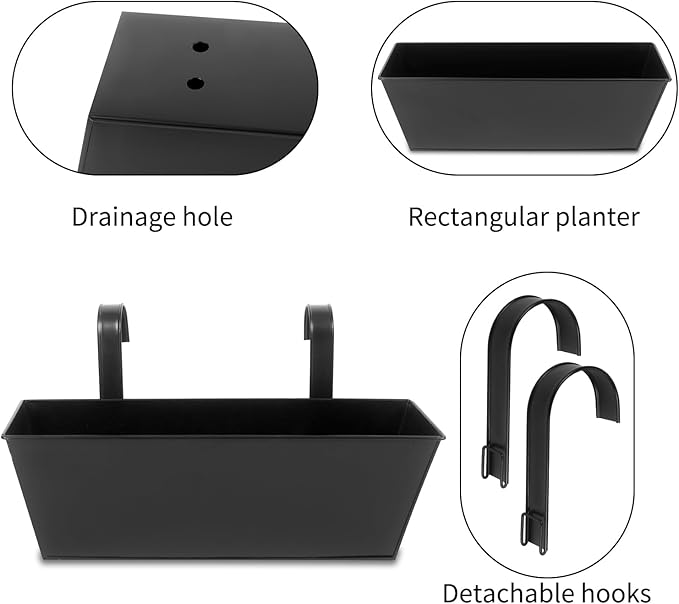 Railing Planters Outdoor Balcony 16 Inch Deck Over The Railing Planter Boxes Hanging Planters for Fence Flower 3 Pcs (Black)