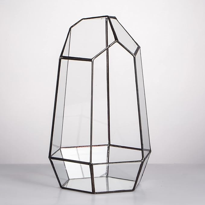 NCYP Geometric Glass Terrarium Planter for Succulent, Small Cacti - 6.5" x 5.7" x 9.8" Black Irregular Opened Container Pot, Indoor Home Garden Office Tabletop Decor (No Plants, No Door)