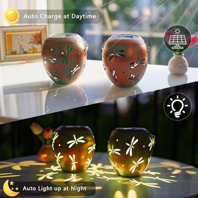 2 Pack Dragonfly Solar Lanterns Outdoor Waterproof, Hollow Out Metal Lantern Lights, Hanging Solar Lights for Yard, Patio, Porch, Garden Decor, Outdoor Decoration LED Lantern for Yard, Garden