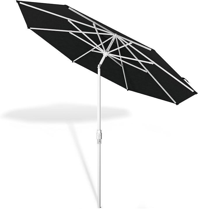 Midtown Umbrellas The Swilt 9 Feet Patio Umbrella in Sunbrella Spectrum Carbon Acrylic Fabric - Fiberglass Ribs, Auto-Tilt Aluminum Frame For Backyard, Deck, Garden, Pool - White Pole