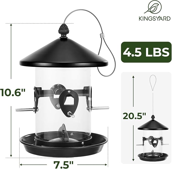 Kingsyard Metal Bird Feeder for Outdoors Hanging with 8 Ports, 4.5 lbs Large Tube Bird Feeder with Seed Tray for Cardinal Finch, Easy to Fill and Clean, Black