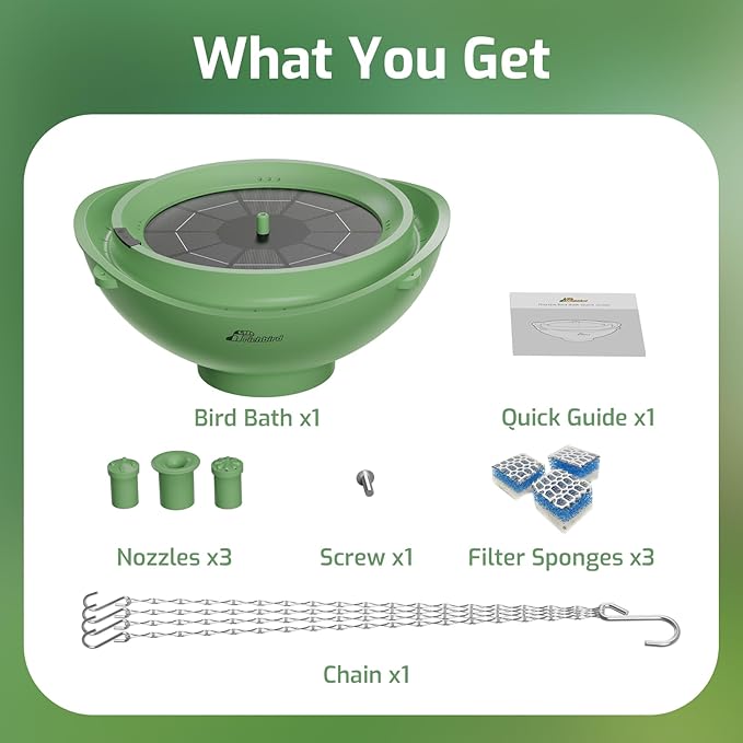 Solar Bird Bath Fountain with Battery, 3-in-1 Hanging & Freestanding Birdbath with Low-Water Protection & 3 Nozzles for Garden, Patio Decor (Forest Green)