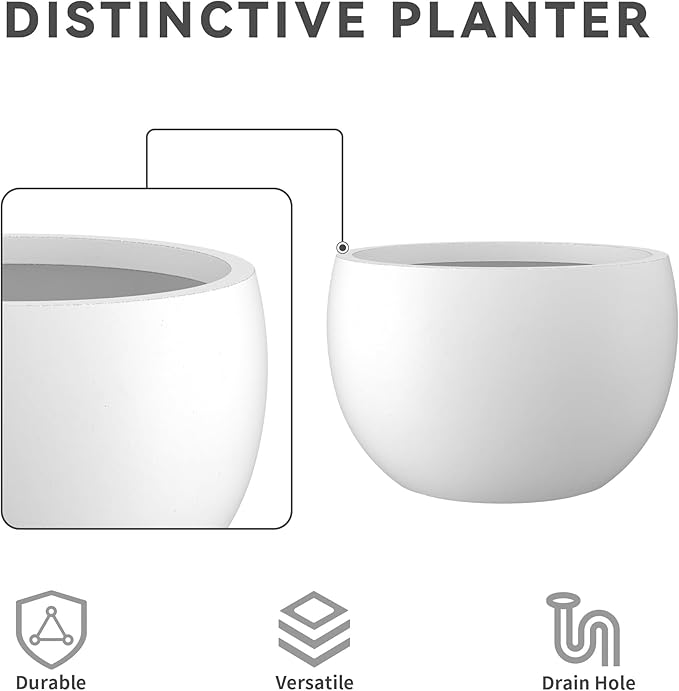 Kante 15.7" Dia Round Concrete Planter, Outdoor/Indoor Large Bowl Plant Pots with Drainage Hole and Rubber Plug for Garden Patio Balcony Home, Pure White