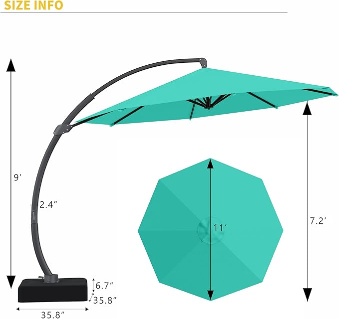 Kingdura 11ft Offset Cantilever Patio Umbrella with Base Included, Large Round Aluminum Outdoor Umbrella, 360° Rotation & Infinite Tilt, Heavy Duty Frame for Deck Pool Backyard, Turquoise Blue