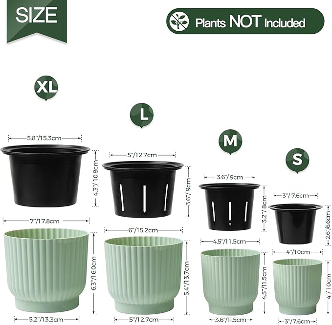 T4U 4.5 Inch Self Watering Pots for Indoor Plants, 6 Pack Green Plastic Flower Pots for All House Plants, Flowers, African Violets