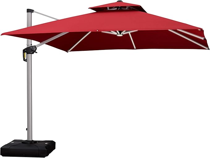 PURPLE LEAF 10 Feet Double Top Deluxe Solar Powered LED Square Patio Umbrella Offset Hanging Umbrella Outdoor Market Umbrella Garden Umbrella, Terra