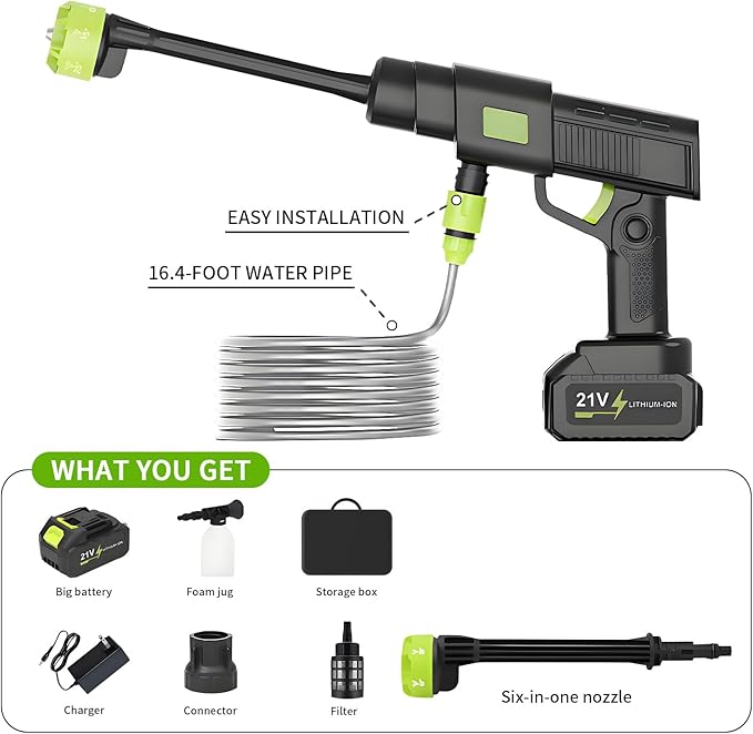 Cordless Pressure Washer Battery Powered, 10 Speed Adjustment, 990PSI Portable Power Washer, with 6-in-1 Nozzle, 16.4FT High-Elastic Hose, 21V Battery&Charger for Home, Car, Garden, Patio, Floor