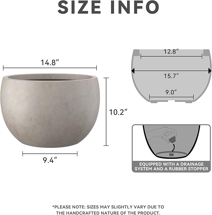 Kante 15.7" Dia Round Concrete Planter, Outdoor/Indoor Large Bowl Plant Pots with Drainage Hole and Rubber Plug for Garden Patio Balcony Home, Weathered Concrete