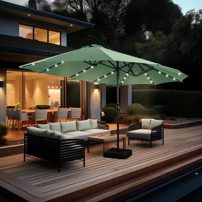 GREEN PARTY 15 ft Rectangle Patio Umbrella with Solar Lights and Base Included, Double-Sided Market Table Umbrella with Crank, Large Outdoor Umbrellas for Patio Poolside Garden Backyard, Mint Green