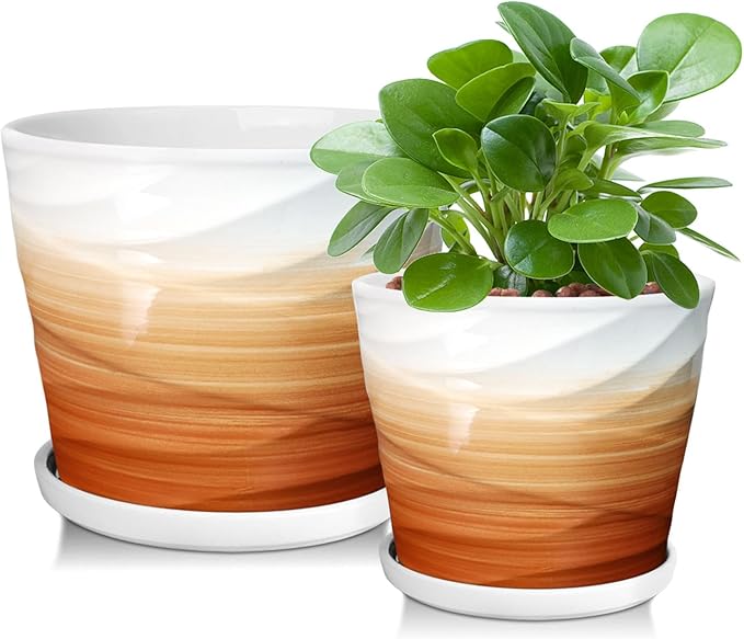 6.7 + 5.5 Inch Plant Pot, Ceramic Planter with Drainage and Saucer,Ceramic Pots for Plants, Indoor Plant pots,planters for Indoor Plants(Khaki + White)