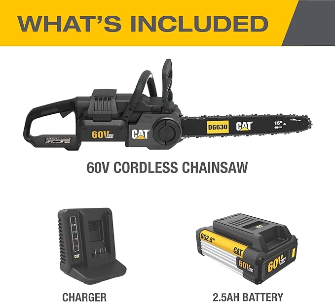 Cat DG630 60V Brushless 16” Chainsaw, Battery Chainsaw with Tool-Free Chain Tensioning, Electric Chainsaw Cordless with Chain Brake for Safety – Battery & Charger Included
