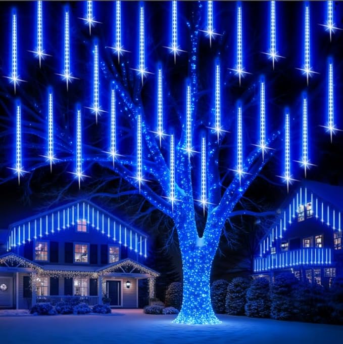 PEMOTech Christmas Lights Outdoor,24 Tubes 30cm 576 Led Meteor Shower Lights, Waterproof Christmas Decorations Icicle Light for Xmas Tree Halloween Party, Outdoor Christmas Decorations,Ul Plug,Blue