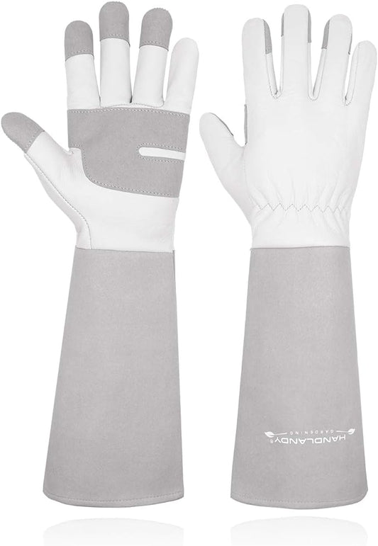 HANDLANDY Long Gardening Gloves for Men & Women, Thorn Proof Rose Pruning Gloves Leather Gauntlets Garden Gloves Yard Work Gloves (Large, Grey)