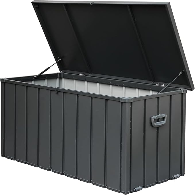 Heavy-Duty Outdoor Metal Storage Box Dark Gray Lockable Water-Resistant Deck Box for Patio Garden Tools Organization Rust-Resistant Outside Storage Box (150 Gallon)