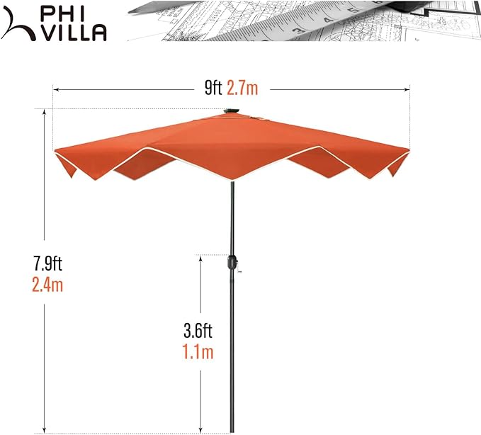 PHI VILLA 9ft Patio Umbrellas with 24 pcs LED Solar Lights, Outdoor Market Table Lighted Umbrella with 8 Steel Ribs, Tilt for UV-Resistant, Lotus Leaf Shape Canopy, Orange
