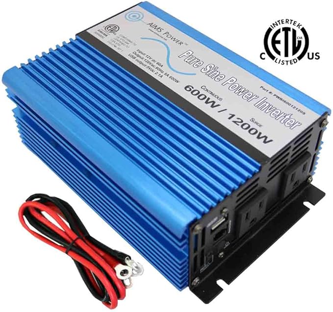 AIMS Power 600 Watt / 1200 Watt Peak Pure Sine Power Inverter 12 Volt DC to 120 Volt AC ETL Listed with Remote