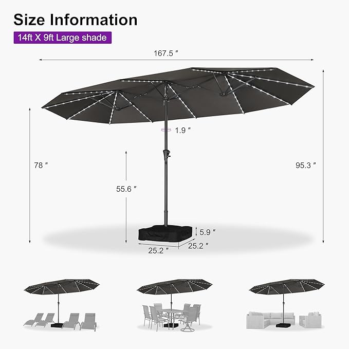 PURPLE LEAF 14ft Patio Umbrella with Solar Lights Outdoor Double-Side Market Umbrella with Base Included Rectangle Table Umbrella for Pool Garden Backyard, Grey