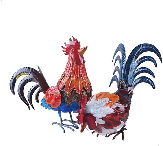 Rooster Statue Metal Chicken Sculpture Garden Decoration Metal Yard Art for Patio Lawn Backyard Outdoor Decoration,A Set of 2