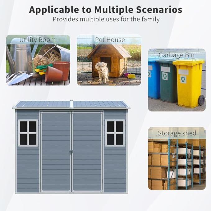 8x4 FT Resin Outdoor Storage Shed with Floor and 2 Windows, Outside Plastic Sheds Storage Clearance w/Lockable Door, Backyard Garden Tool House for Patio, Yard, Lawn, Bike, Gray