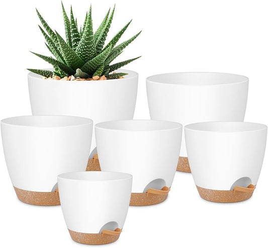 Plant Pots 8/7/6.5/6/5.5/5 Inch Self Watering Pots, Set of 6 Plastic Planters with Drainage Holes and Saucers,Plastic Flower Pots,Nursery Planting Pot for Indoor Out Door Plants(White)