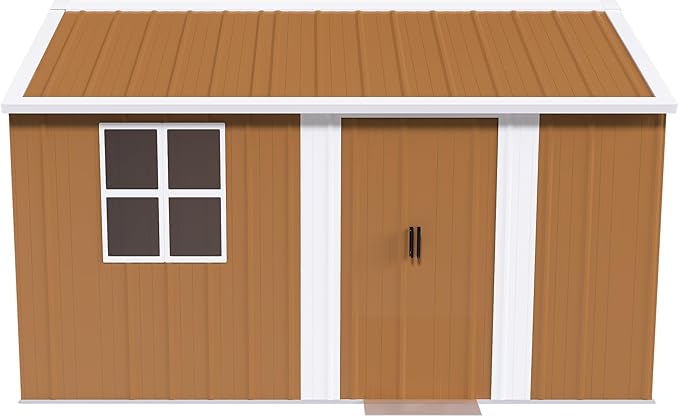 12x8 FT Outdoor Steel Storage Shed with Clear Windows, Sliding Lockable Door & Ventilation, Brown and White Weather-Resistant Metal Tool Shed for Garden, Backyard, Lawn, and Utility Storage