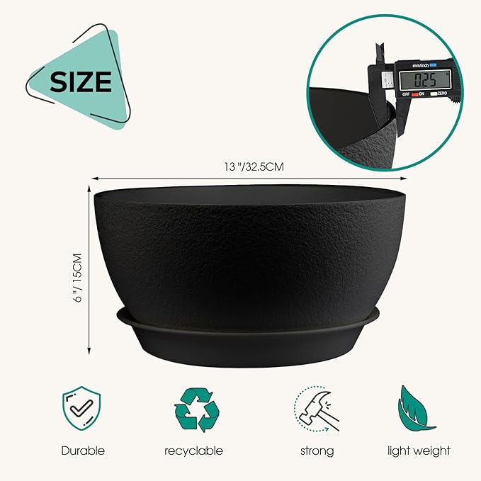 13 inch Plant Pots Pack of 2, Plastic Planter with Drainage Holes and Saucers, Plant pots for Indoor Outdoor Use, Flower Pots for All House Plants (Black)