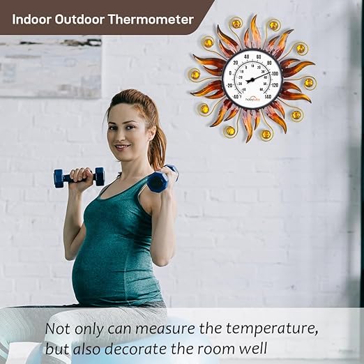 Indoor Outdoor Thermometer, Sun Wall Mounted Thermometer Decorative for Patio, Living Room, Garden Greenhouse, Wine Cellar, No Batteries Required