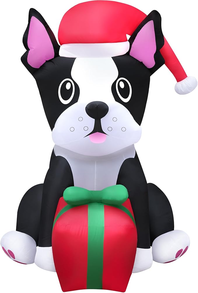 Holidayana Christmas Inflatables Large 5ft Tall Boston Terrier Dog with Gift - Inflatable Outdoor Christmas Decorations Blow Up X-mas Decorations for Yard, Lawn & Garden Internal Lights & Built-in Fan